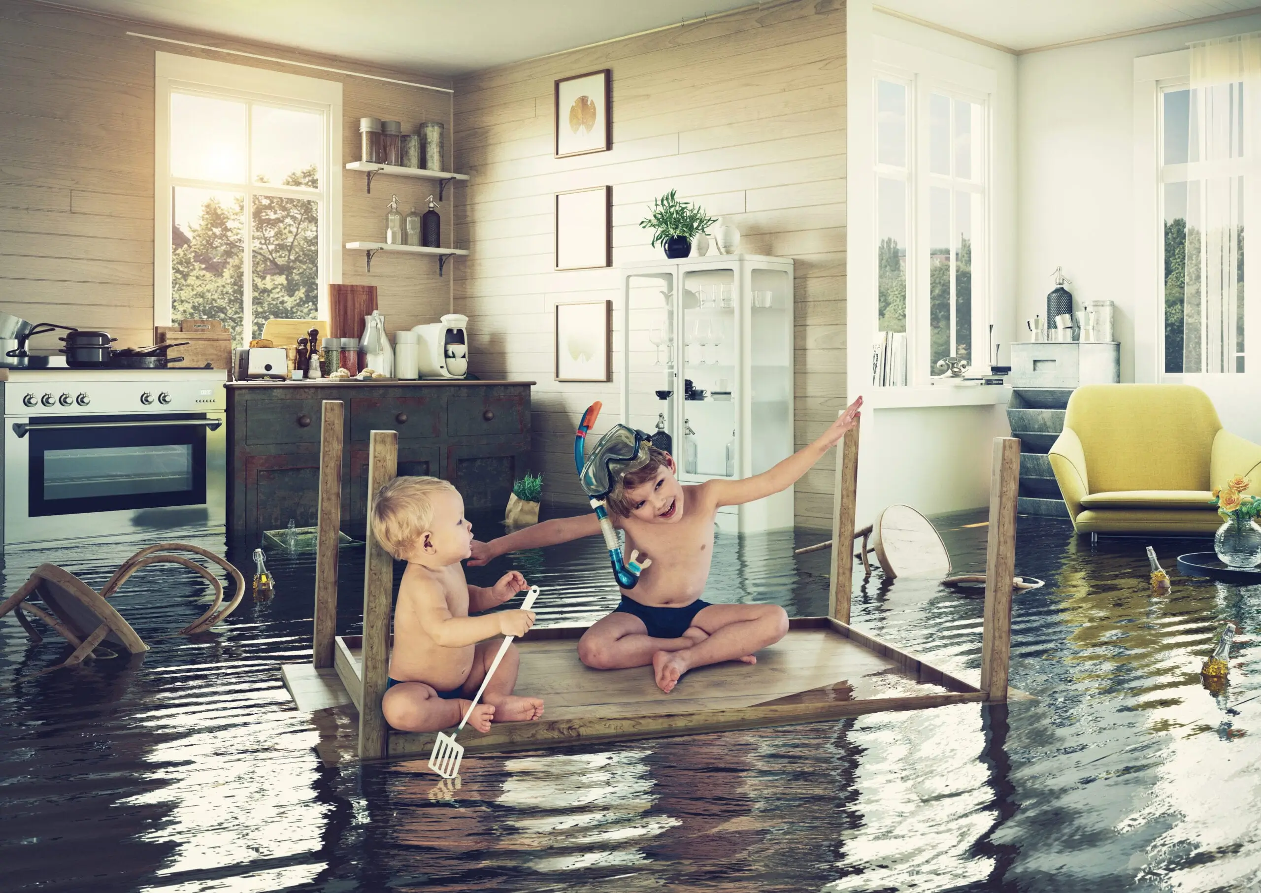 Children playing in a flooded living room.