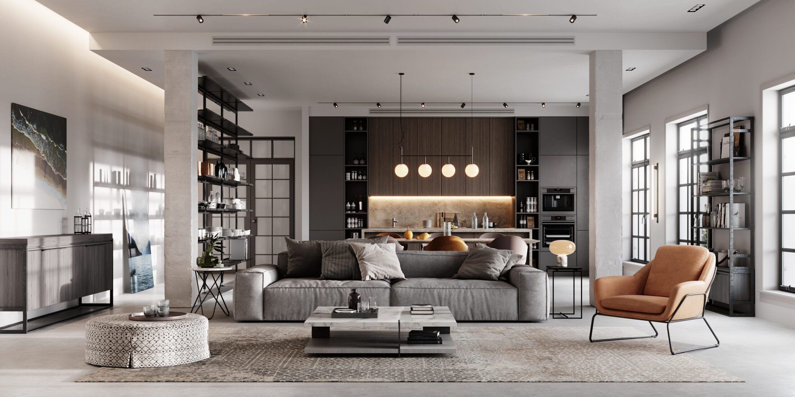 Modern living room with a large gray sofa and minimalist decor. Modern living room with a large gray sofa and minimalist decor.